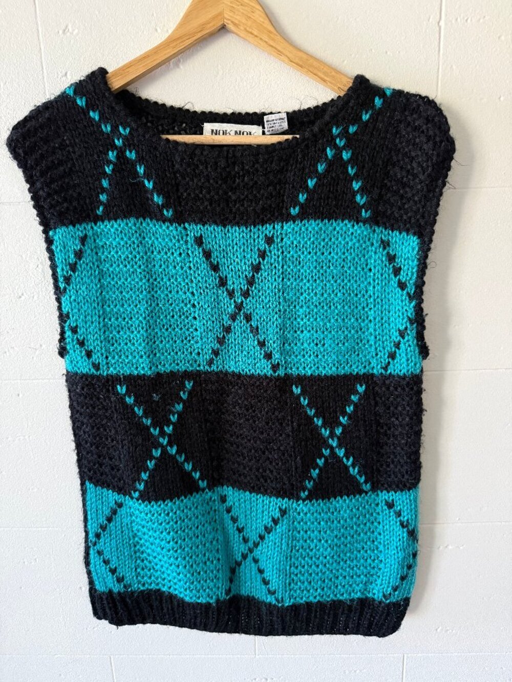 Vintage 80s | Knit Grandpacore Sweater Vest Geometric Turquoise | Large